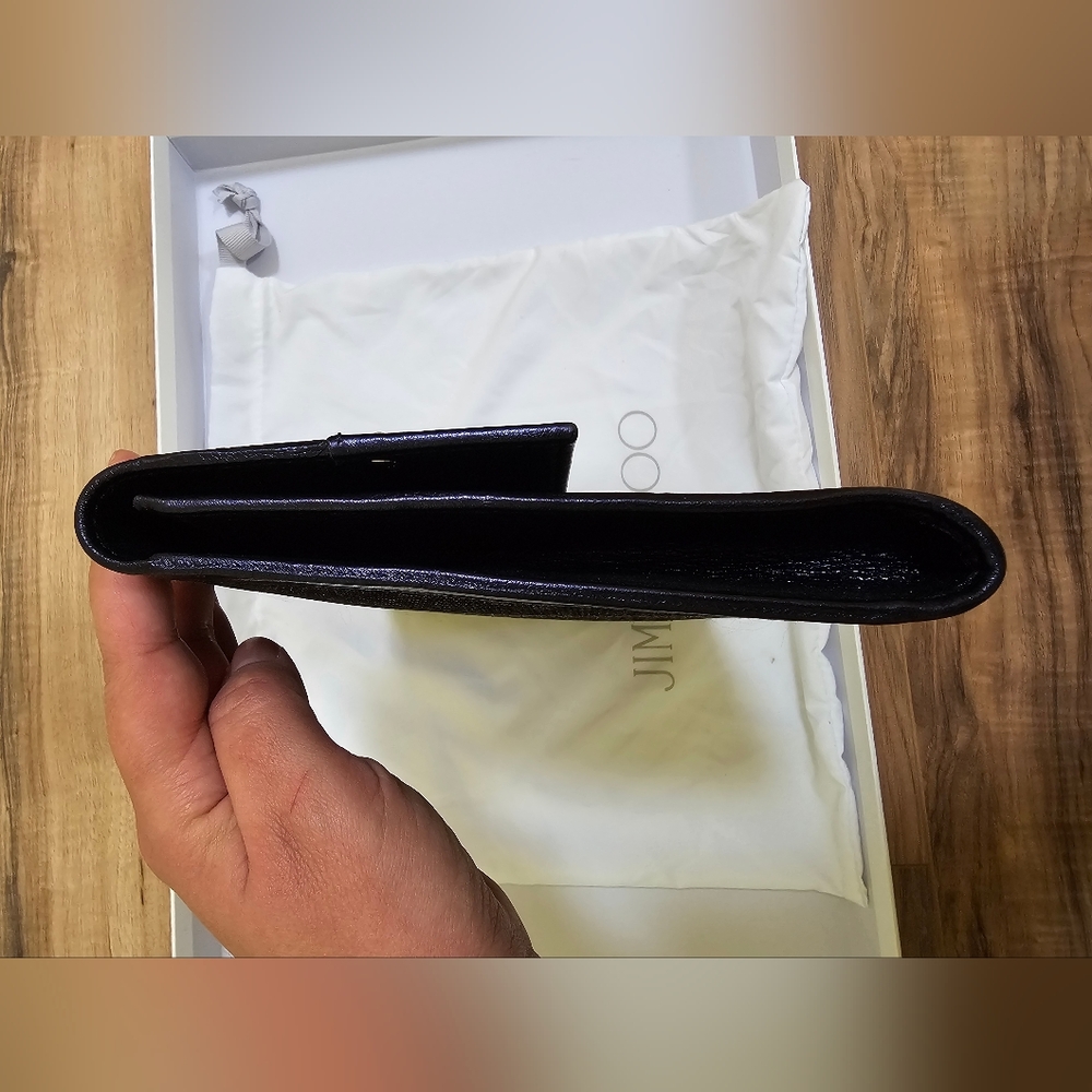 Authentic JIMMY CHOO Glitter Leather Trimmed Reese Clutch, large, color ink - Picture 5 of 16